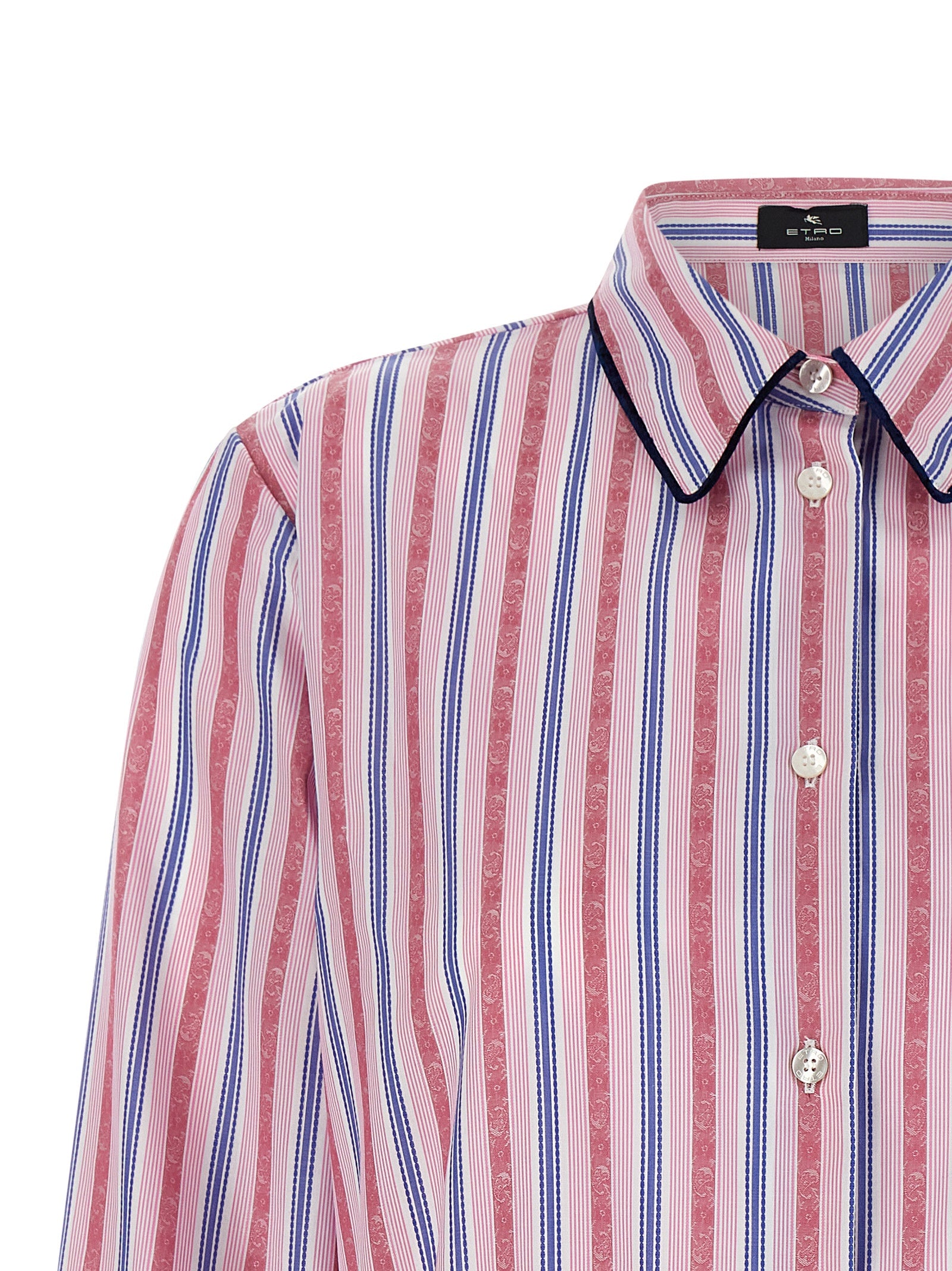 Blouse by Etro for women in velvet cotton blue, multicolor, pink, paisley, jacquard & striped showcases a sharp silhouette, elegantly detailed with a sharp and sharp .