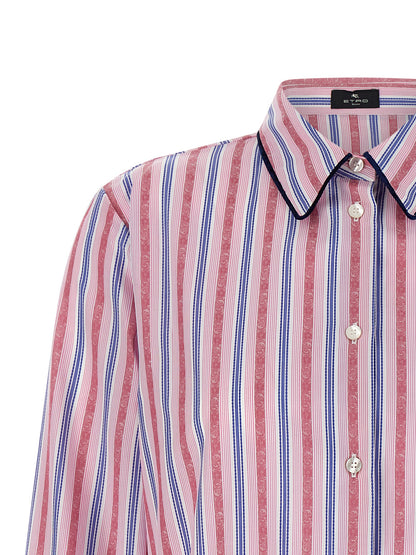 Blouse by Etro for women in velvet cotton blue, multicolor, pink, paisley, jacquard & striped showcases a sharp silhouette, elegantly detailed with a sharp and sharp .