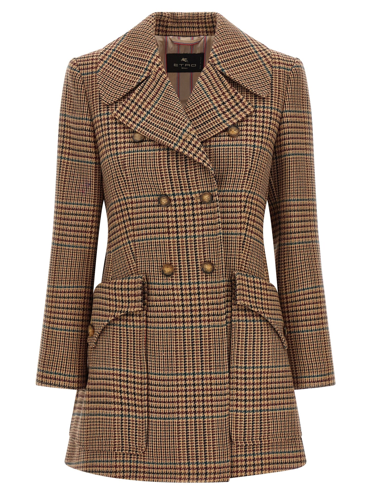 Overcoat by Etro for women in wool brown & horn showcases a enveloping silhouette, detailed with distinctive pockets and a enveloping .