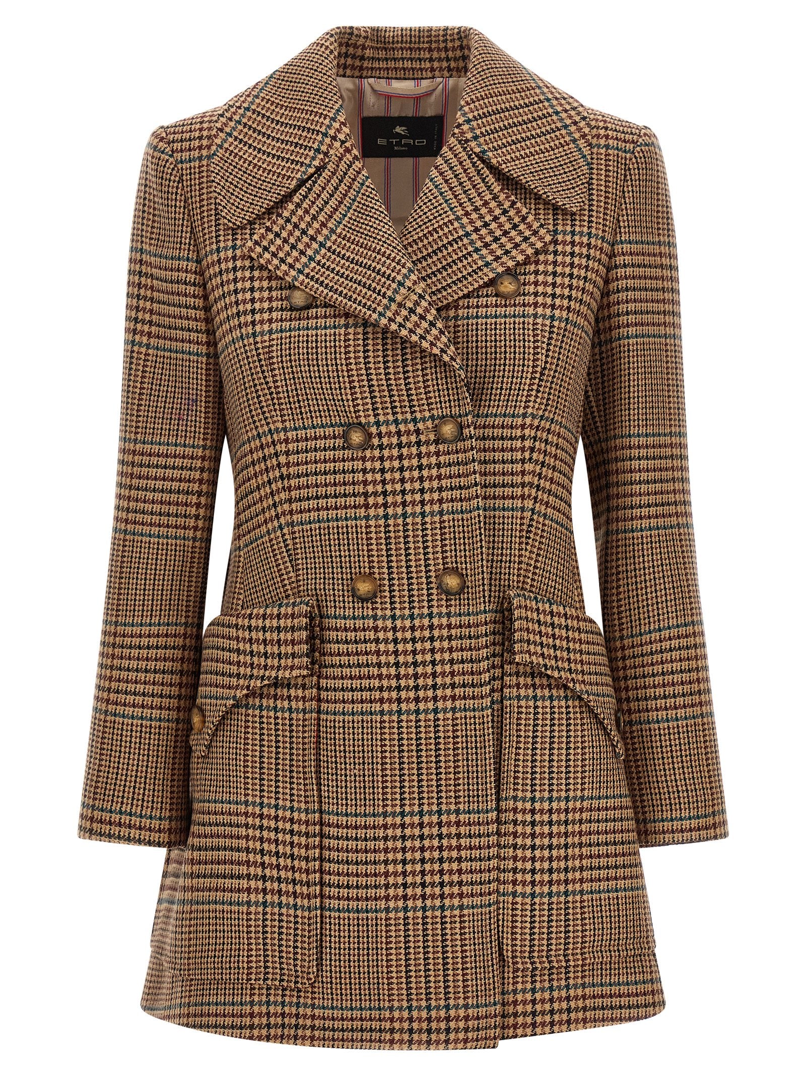 Overcoat by Etro for women in wool brown & horn showcases a enveloping silhouette, detailed with distinctive pockets and a enveloping .