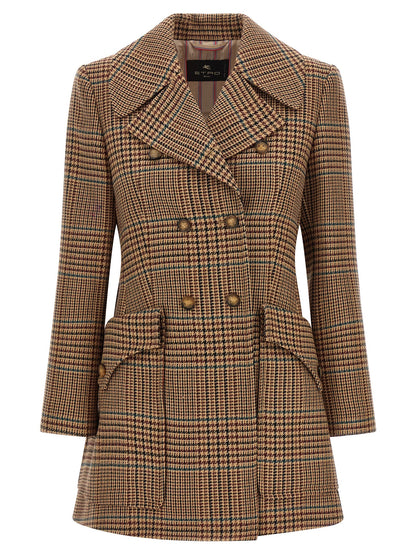 Overcoat by Etro for women in wool brown & horn showcases a enveloping silhouette, detailed with distinctive pockets and a enveloping .