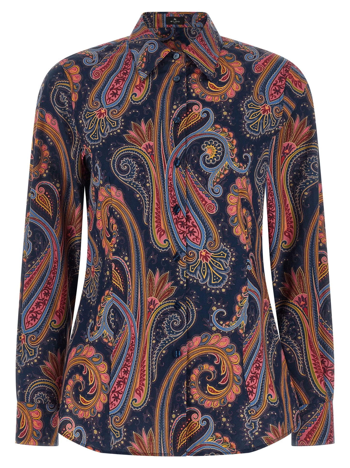 Blouse by Etro for women in stretch cotton navy, patterned, paisley & signature showcases a sleek silhouette, elegantly detailed with a sleek and long-sleeve for a sleek finish.