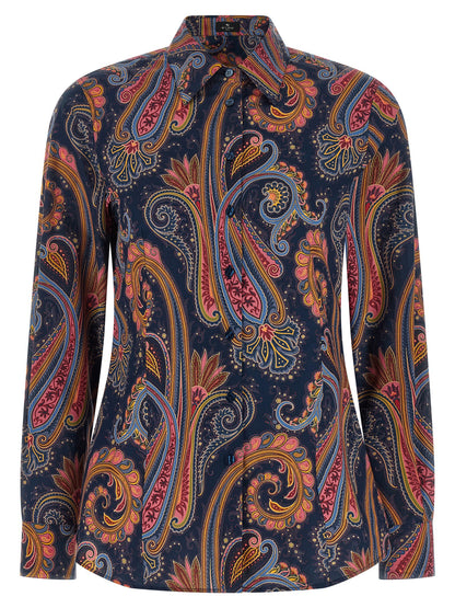 Blouse by Etro for women in stretch cotton navy, patterned, paisley & signature showcases a sleek silhouette, elegantly detailed with a sleek and long-sleeve for a sleek finish.