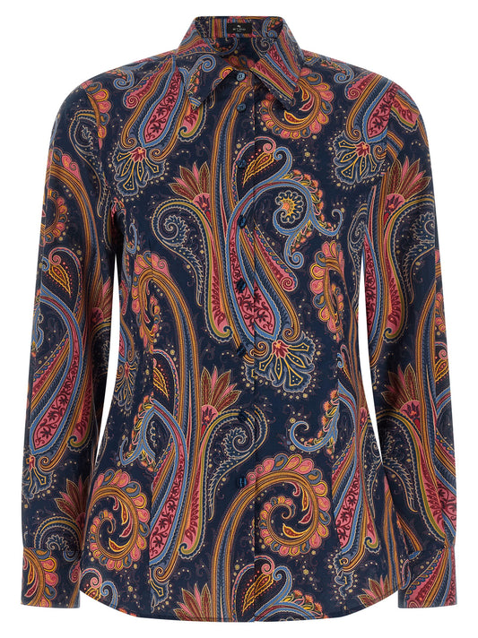 Blouse by Etro for women in stretch cotton navy, patterned, paisley & signature showcases a sleek silhouette, elegantly detailed with a sleek and long-sleeve for a sleek finish.