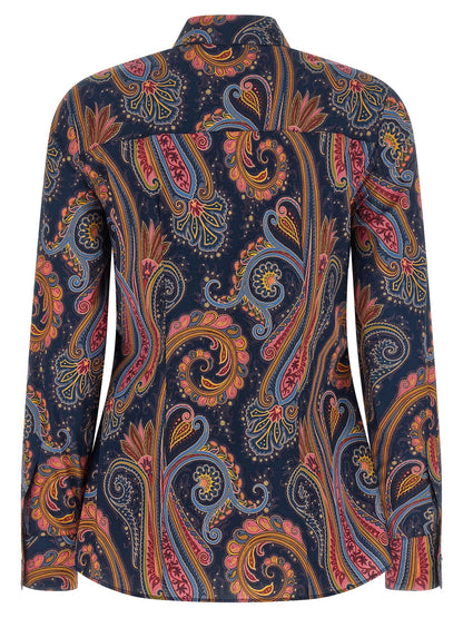 Blouse by Etro for women in stretch cotton navy, patterned, paisley & signature showcases a sublime silhouette, artfully detailed with a sublime and for a sophisticated, sublime finish.
