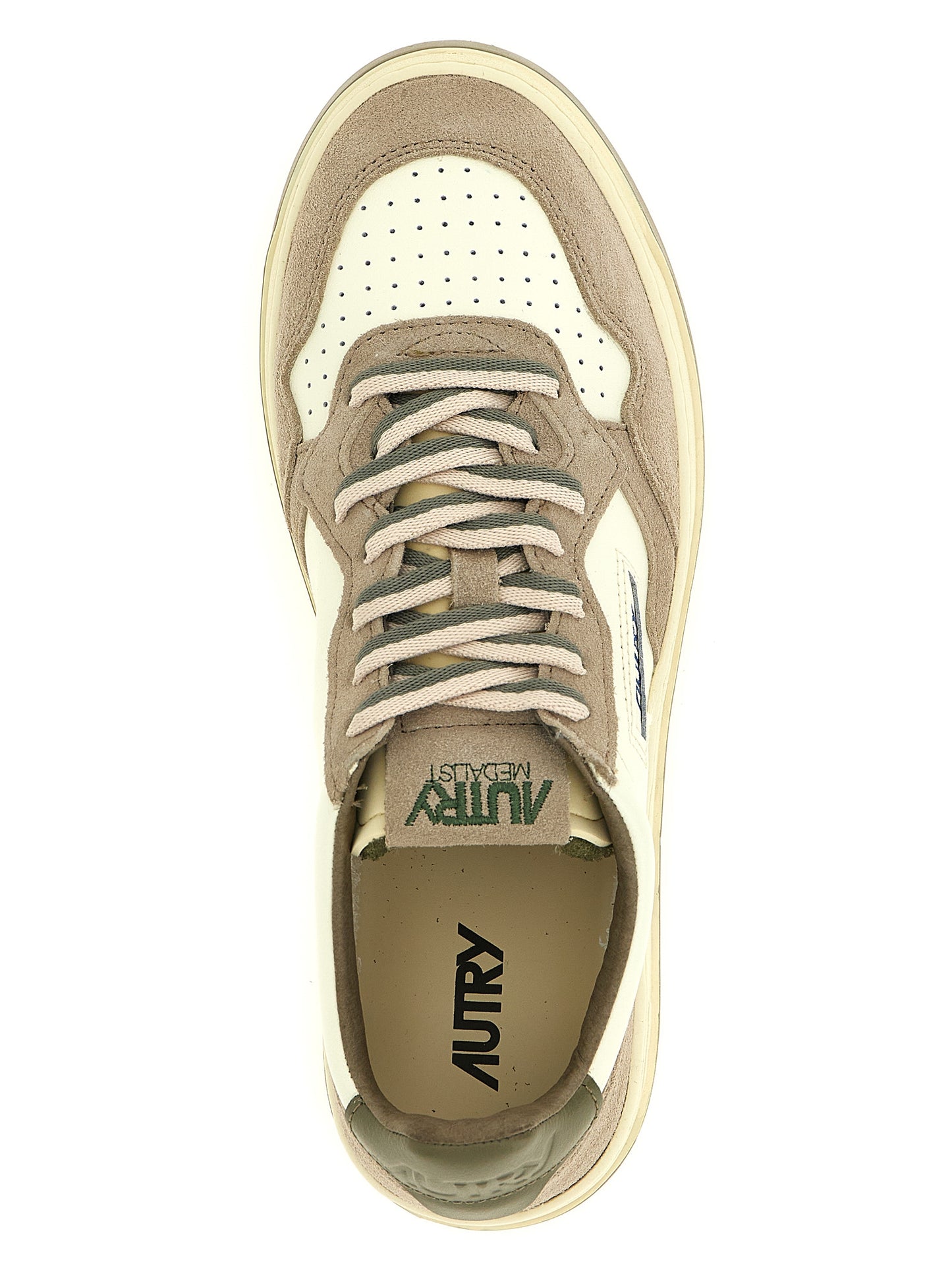Athletic Sneakers by Autry for men in cotton terry & cowhide suede leather beige, green, multicolor, olive & white presents a sleek silhouette, perfectly capturing the low-top style essence of Men's Low Top Cotton Terry & Cowhide Suede Leather Athletic Sneakers with its sleek design and premium finish.