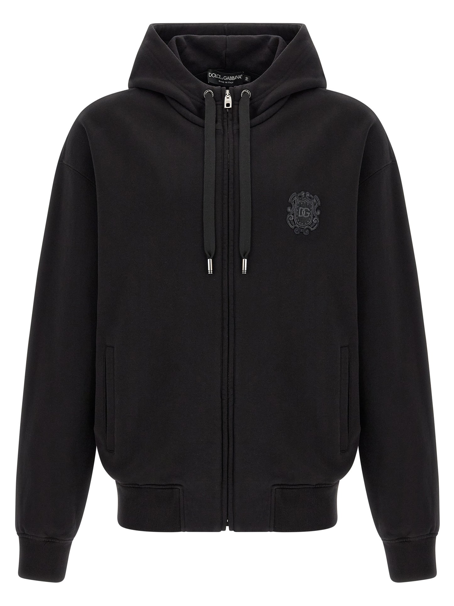 Sweatshirt Hoodie by Dolce & Gabbana for men in cotton black, silver & signature features an avant-garde silhouette, showcasing a sophisticated hooded neckline and detail for a truly avant-garde finish.