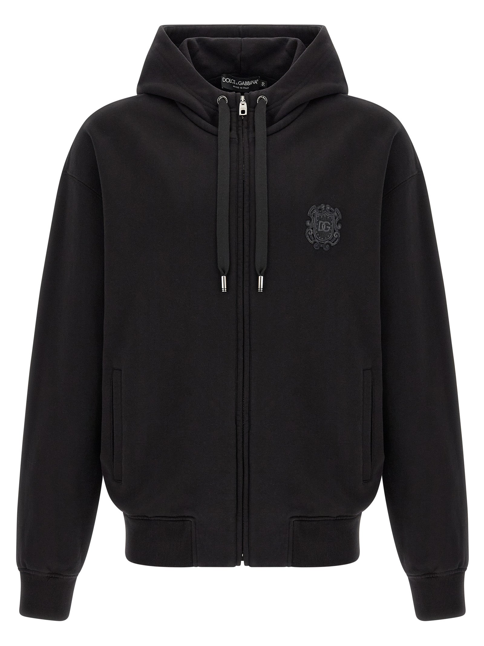 Sweatshirt Hoodie by Dolce & Gabbana for men in cotton black, silver & signature features an avant-garde silhouette, showcasing a sophisticated hooded neckline and detail for a truly avant-garde finish.