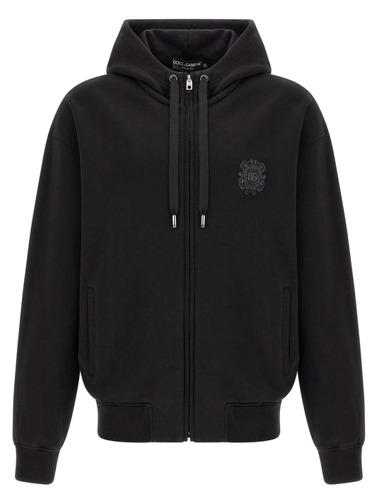 Sweatshirt Hoodie by Dolce & Gabbana for men in cotton black, silver & signature features an avant-garde silhouette, showcasing a sophisticated hooded neckline and detail for a truly avant-garde finish.