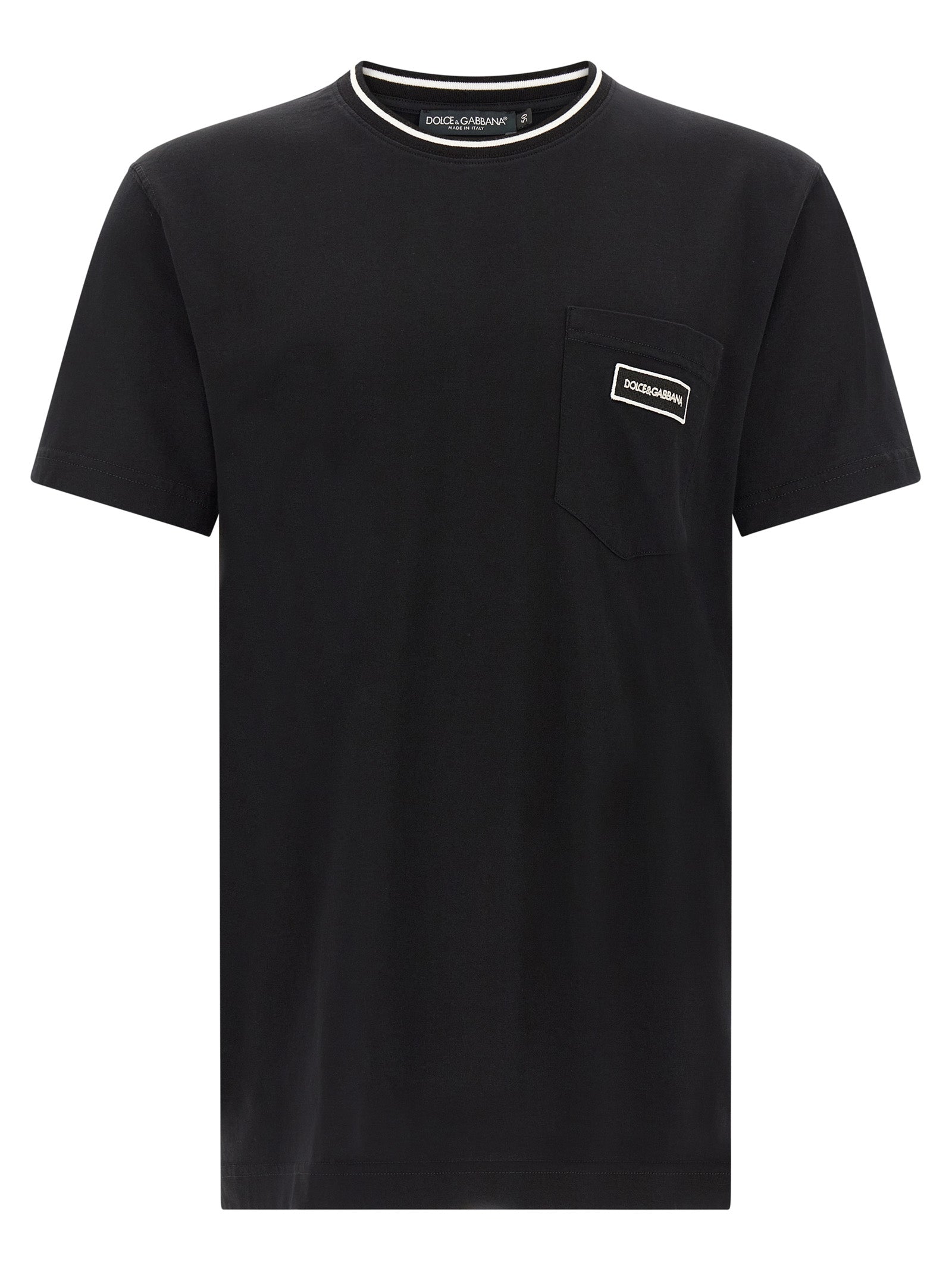 T-Shirt by Dolce & Gabbana for men in cotton black & striped showcases a chic silhouette, artfully detailed with a chic crew neckline and short-sleeve for a chic finish.