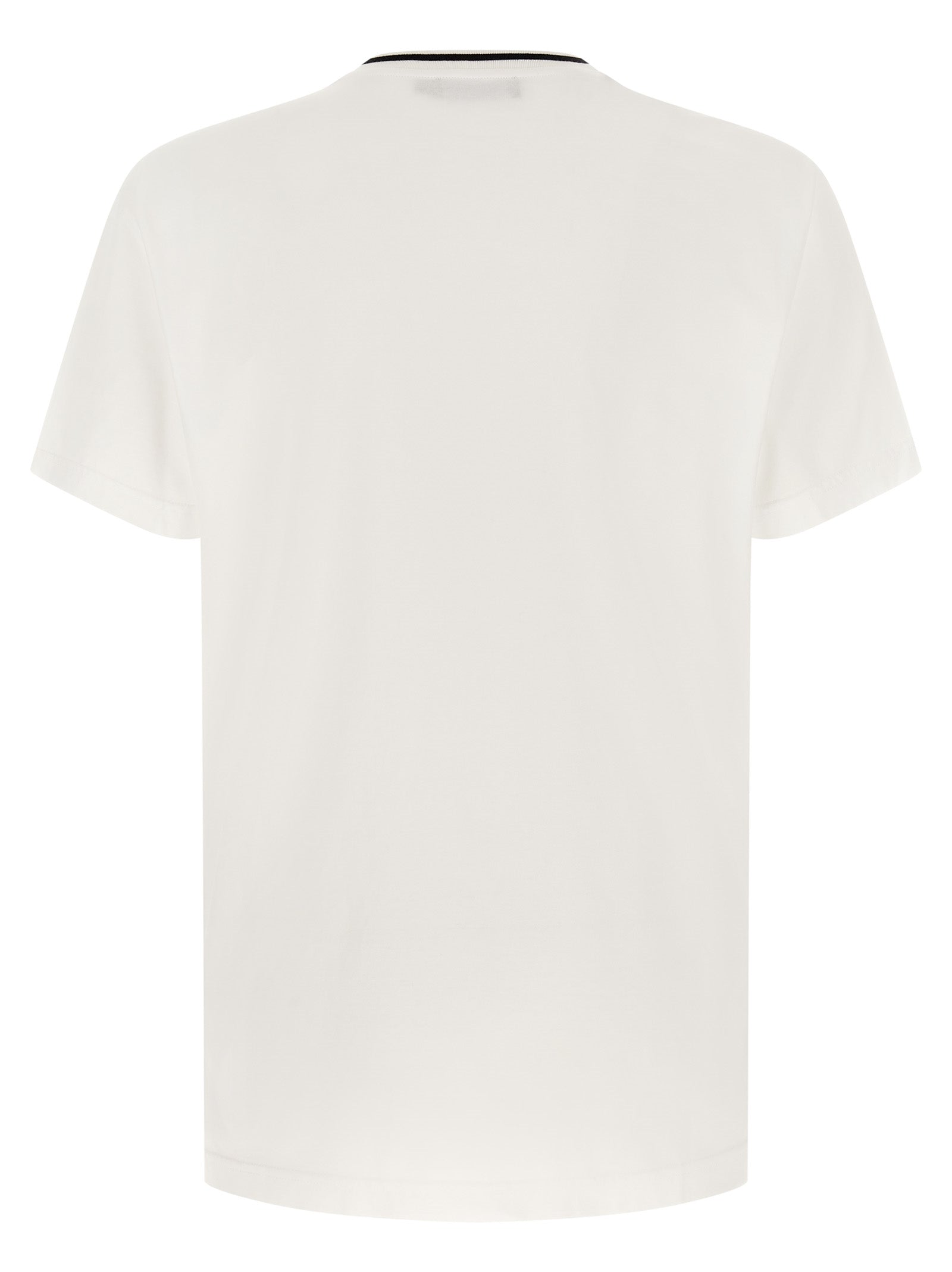 T-Shirt by Dolce & Gabbana for men in cotton white & striped showcases a unassuming silhouette, artfully detailed with a refined crew neckline and unassuming for a sophisticated, contemporary look.