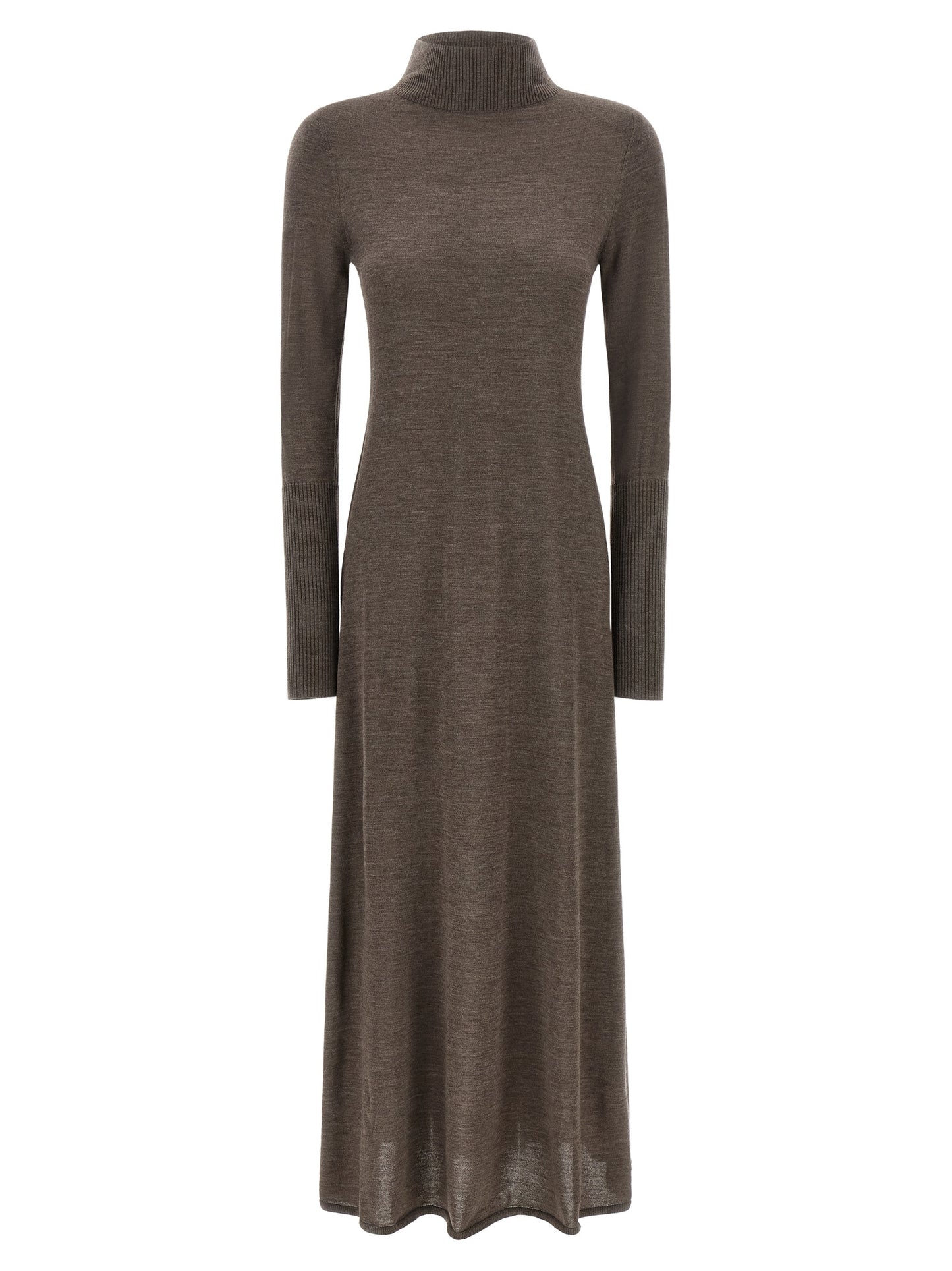 Dress by PINKO for women in merino wool beige & brown features an sultry silhouette defined by a turtle high-neck neckline and , falling to an sultry long for a sultry look.