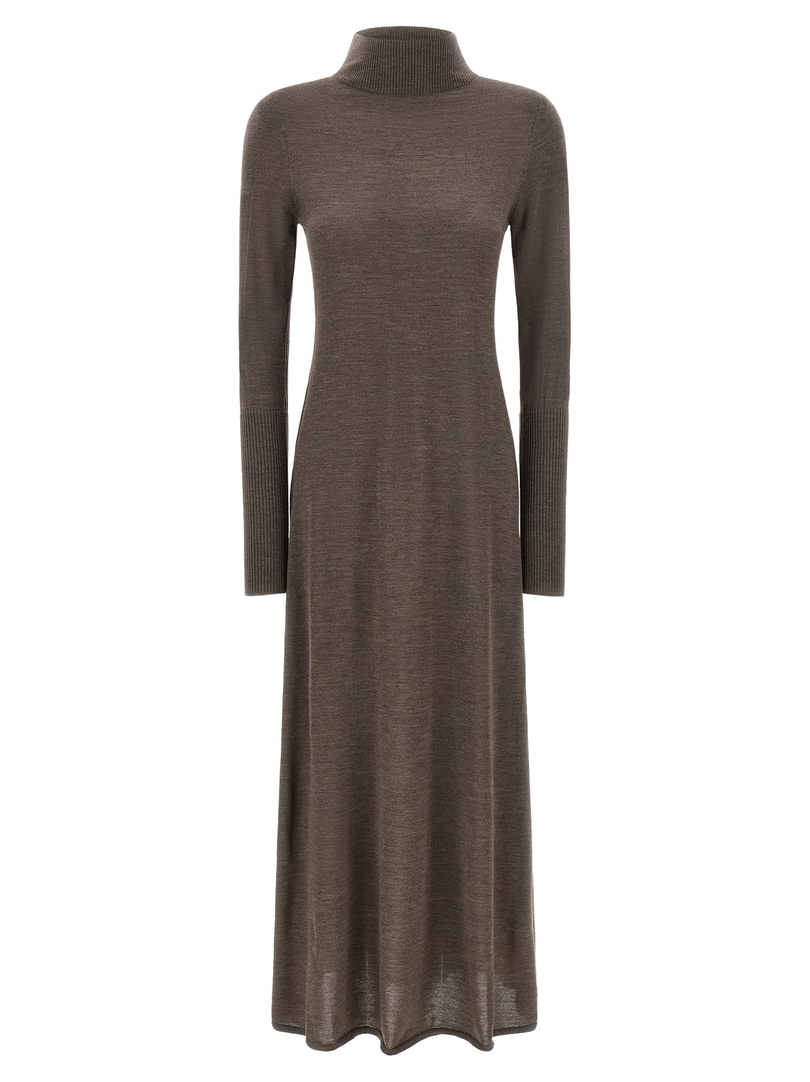 Dress by PINKO for women in merino wool beige & brown features an sultry silhouette defined by a turtle high-neck neckline and , falling to an sultry long for a sultry look.