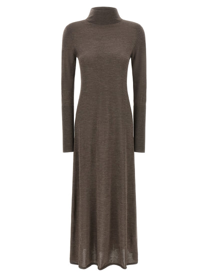 Dress by PINKO for women in merino wool beige & brown features an sultry silhouette defined by a turtle high-neck neckline and , falling to an sultry long for a sultry look.