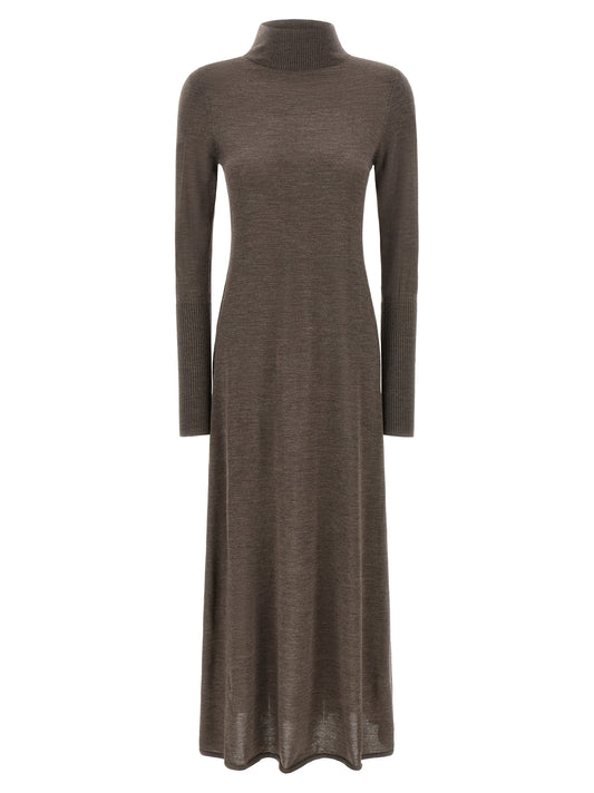 Dress by PINKO for women in merino wool beige & brown features an sultry silhouette defined by a turtle high-neck neckline and , falling to an sultry long for a sultry look.