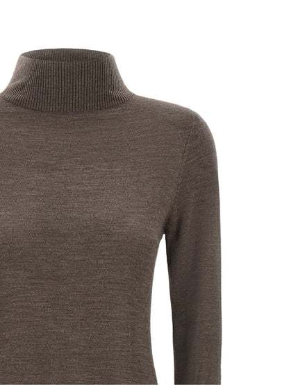 Dress by PINKO for women in merino wool beige & brown features an magnificent silhouette, artfully detailed with a magnificent turtle high-neck neckline and that flows into an magnificent long.
