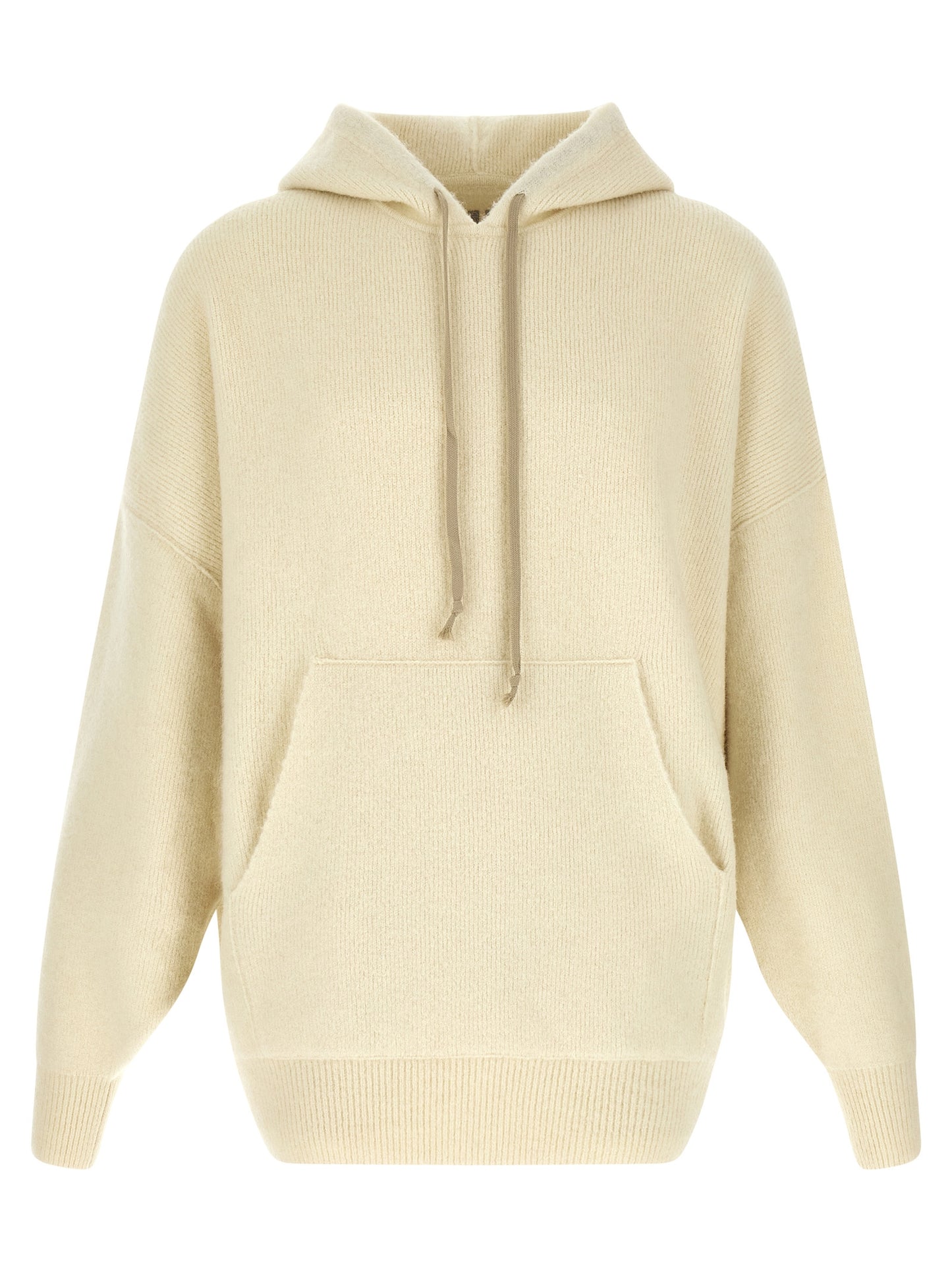 Sweatshirt Hoodie by Rick Owens for men in angora marabou & nylon cream & white features a slouchy chic silhouette, detailed with a slouchy chic and a signature hooded neckline for an elevated aesthetic.