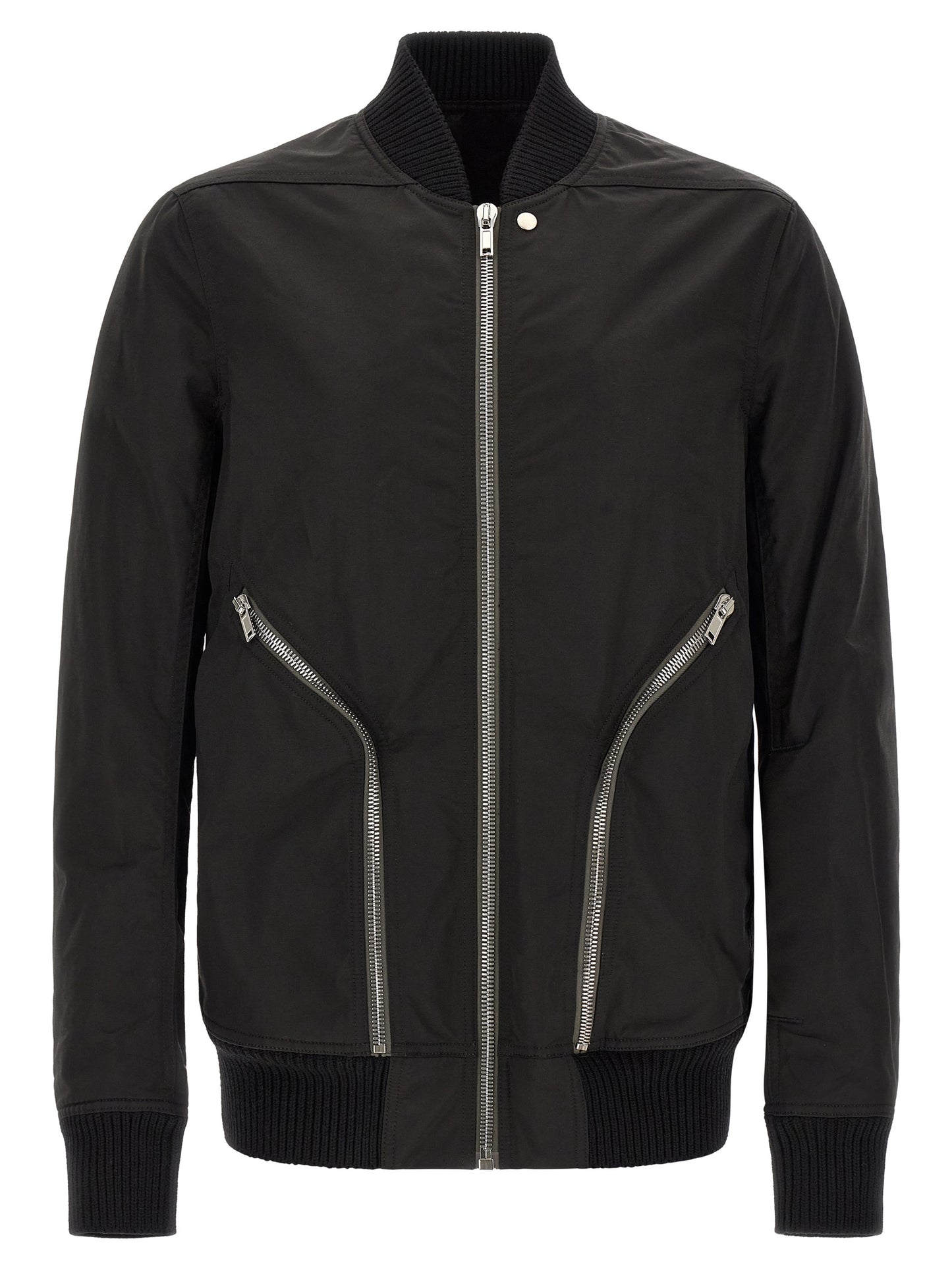 Bomber Jacket by Rick Owens for men in nylon & cotton black & silver showcases a bohemian silhouette, artfully detailed with a bohemian and signature pockets for a truly bohemian finish.