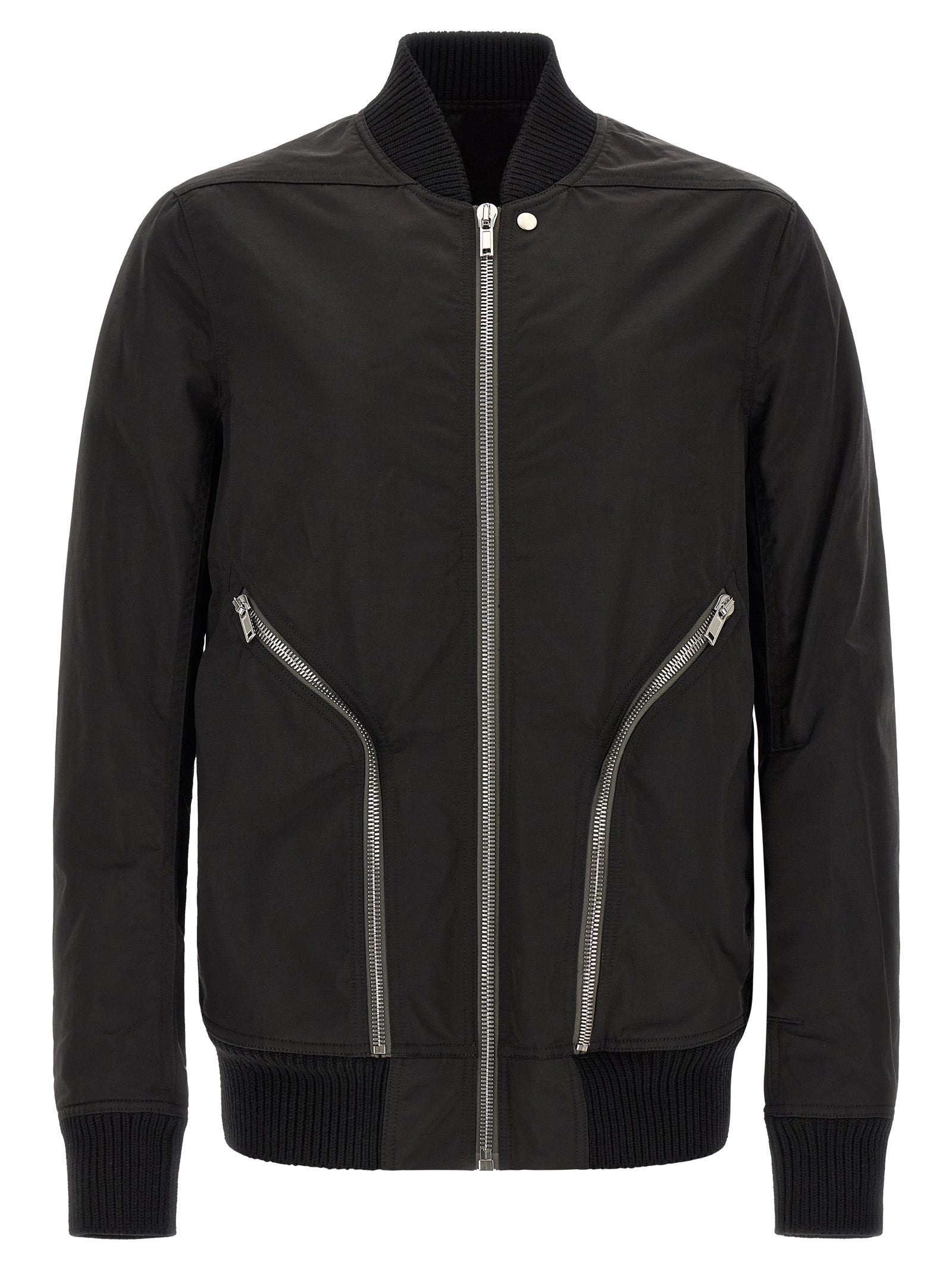 Bomber Jacket by Rick Owens for men in nylon & cotton black & silver showcases a bohemian silhouette, artfully detailed with a bohemian and signature pockets for a truly bohemian finish.