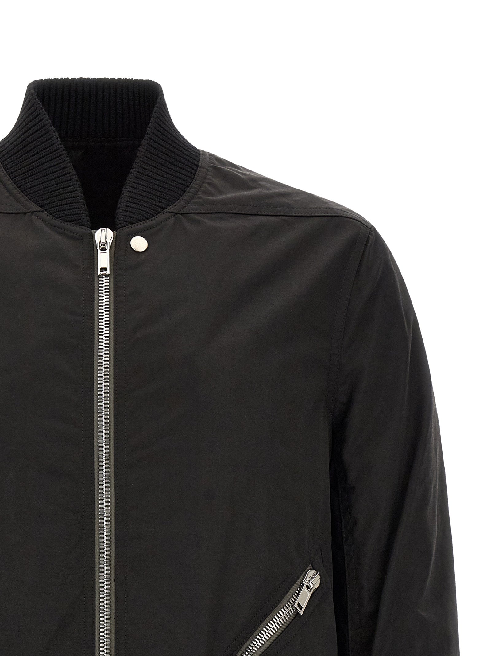 Bomber Jacket by Rick Owens for men in nylon & cotton black & silver features an contemporary silhouette, showcasing a sophisticated and contemporary pockets for a truly refined look.