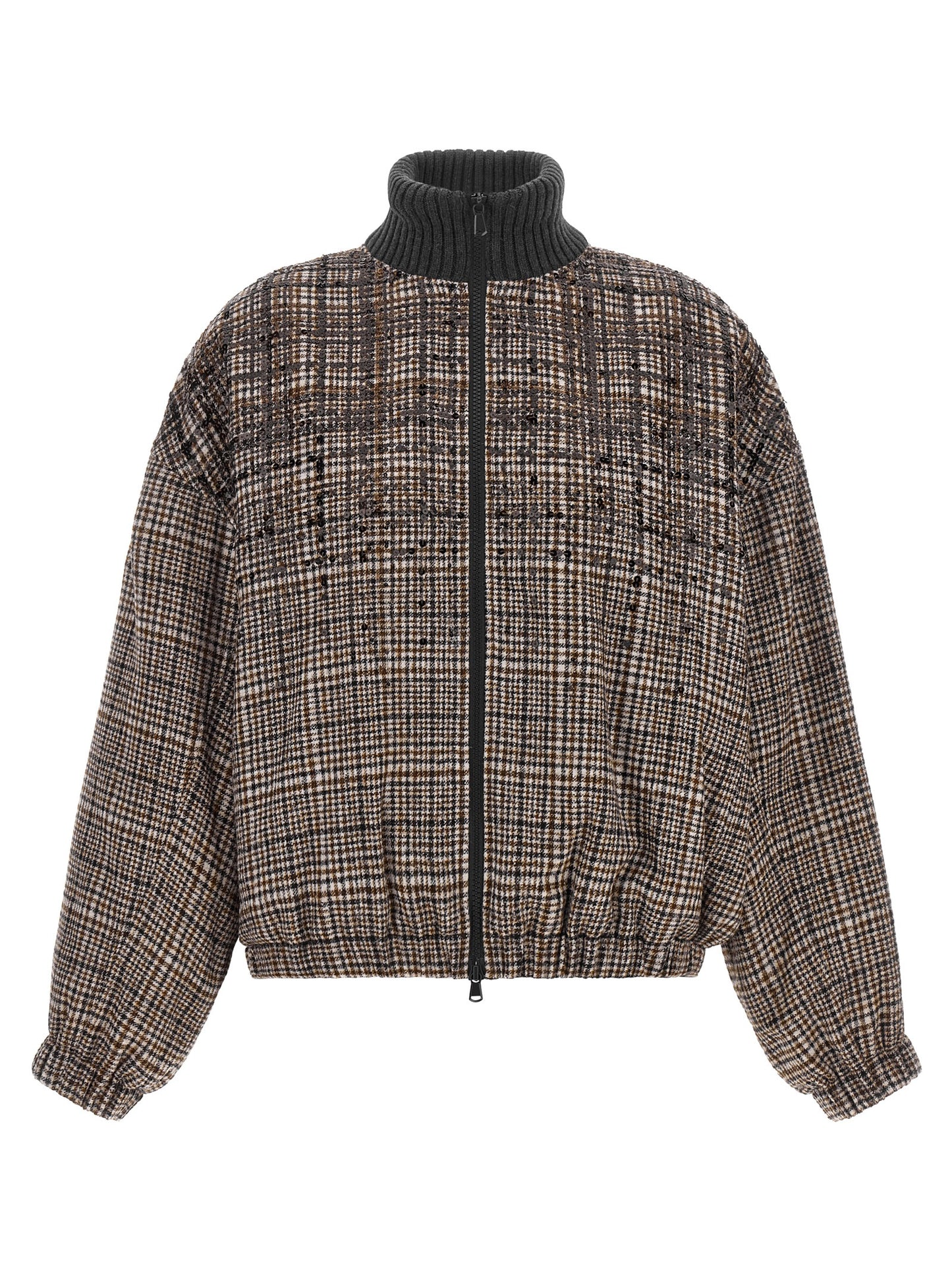 Bomber Jacket by Brunello Cucinelli for women in polyamide leather alpaca wool & sequins brown & patterned features a dramatic silhouette, showcasing a sophisticated high-neck neckline and distinctive pockets for a dramatic aesthetic.