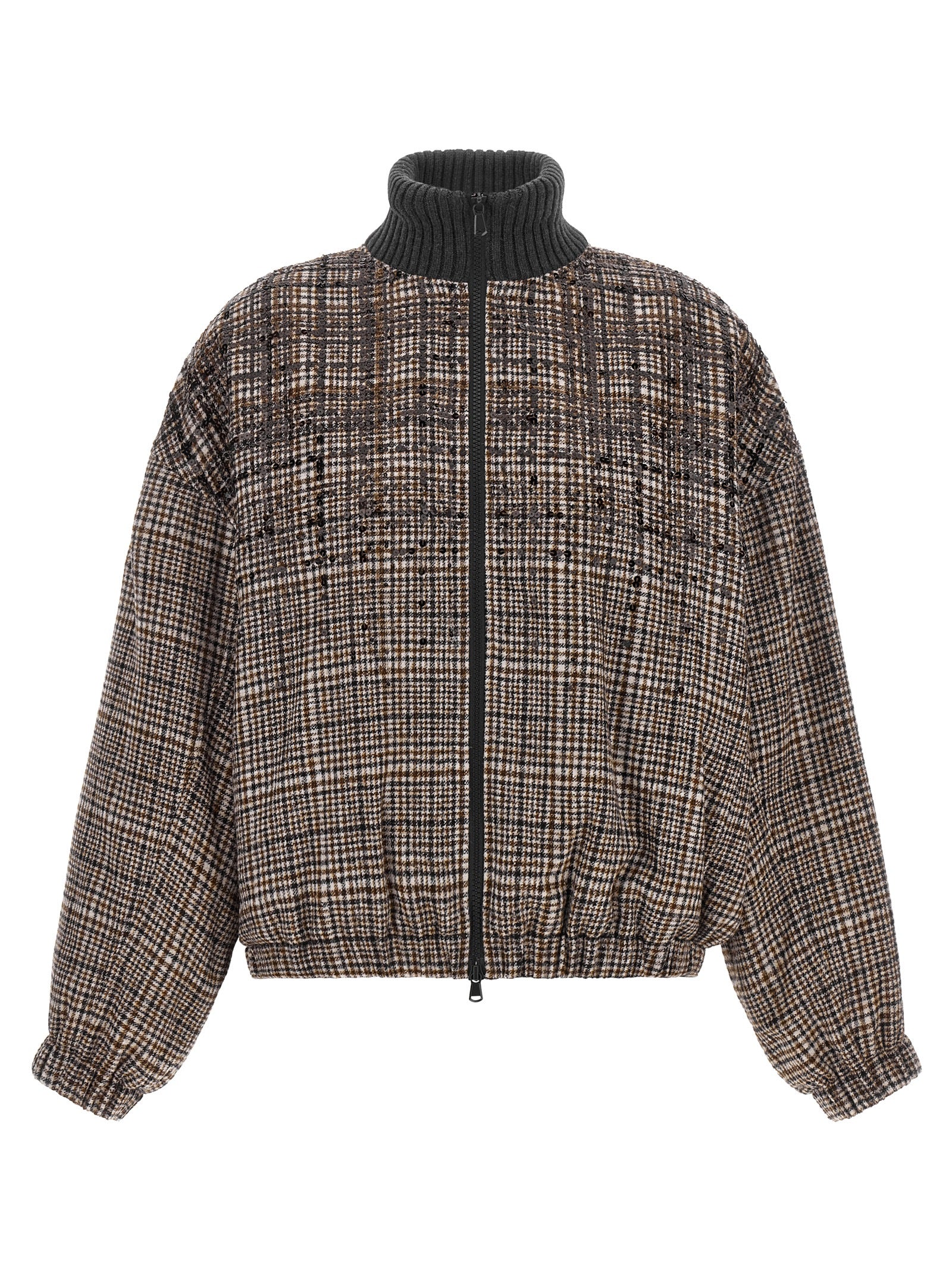 Bomber Jacket by Brunello Cucinelli for women in polyamide leather alpaca wool & sequins brown & patterned features a dramatic silhouette, showcasing a sophisticated high-neck neckline and distinctive pockets for a dramatic aesthetic.