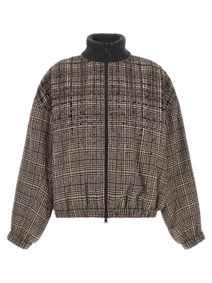 Bomber Jacket by Brunello Cucinelli for women in polyamide leather alpaca wool & sequins brown & patterned features a dramatic silhouette, showcasing a sophisticated high-neck neckline and distinctive pockets for a dramatic aesthetic.
