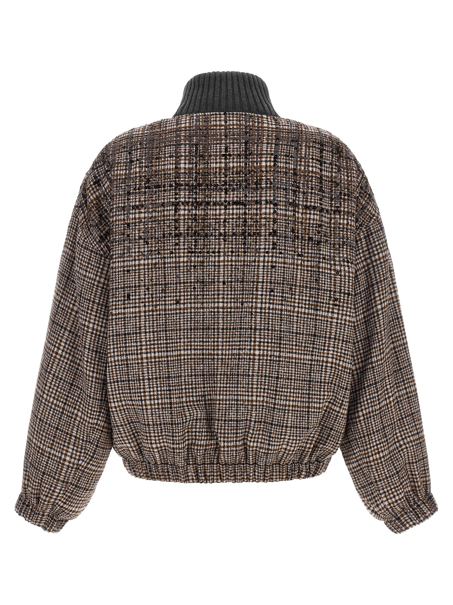 This Bomber Jacket by Brunello Cucinelli for women in polyamide leather alpaca wool & sequins brown & patterned exhibits a edgy silhouette, meticulously detailed with functional pockets and a edgy high-neck neckline for a edgy finish.