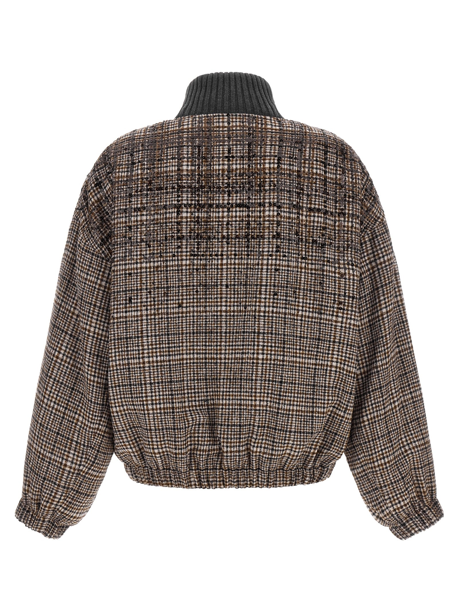 This Bomber Jacket by Brunello Cucinelli for women in polyamide leather alpaca wool & sequins brown & patterned exhibits a edgy silhouette, meticulously detailed with functional pockets and a edgy high-neck neckline for a edgy finish.