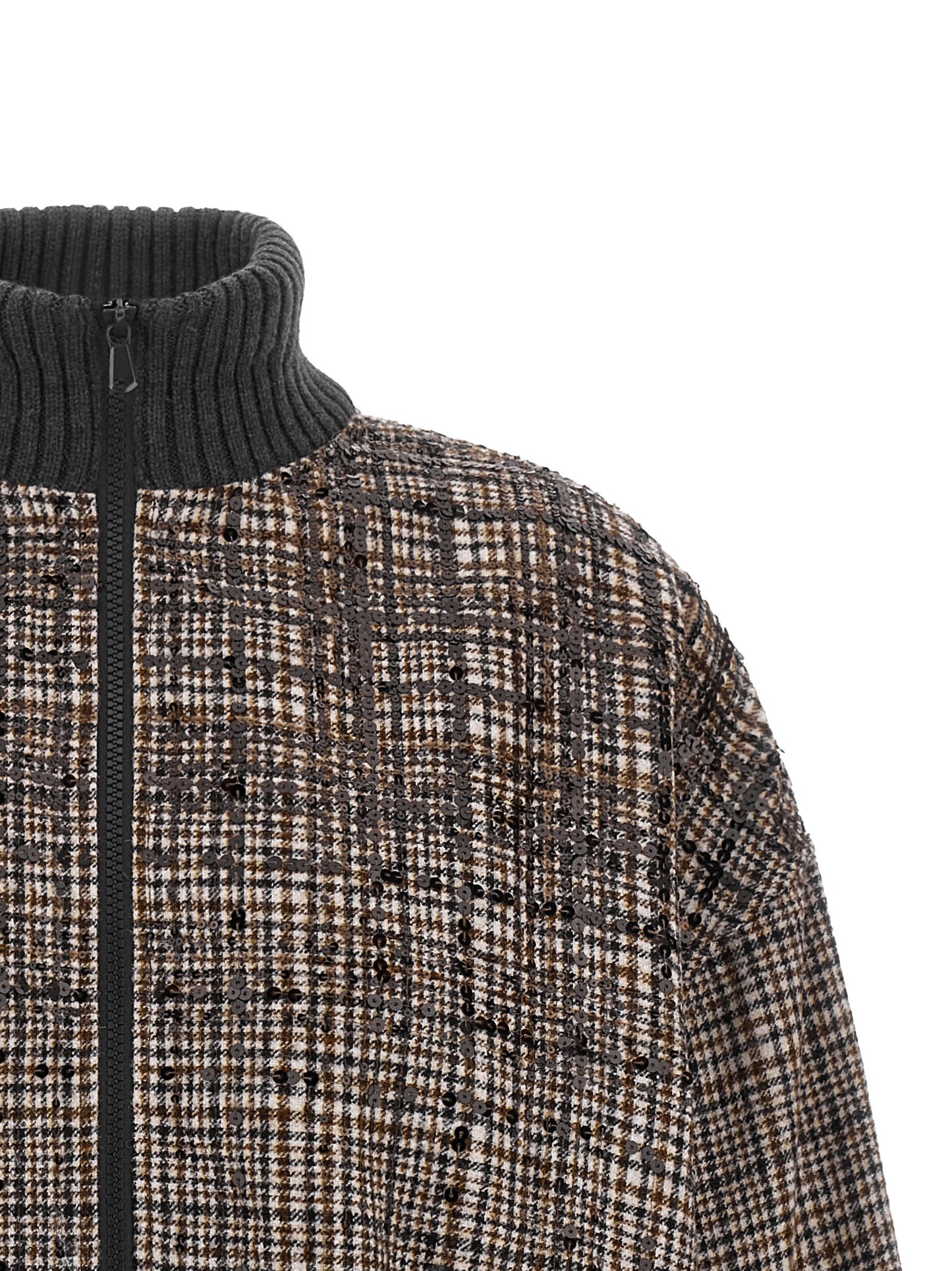 Bomber Jacket by Brunello Cucinelli for women in polyamide leather alpaca wool & sequins brown & patterned presents a effortlessly chic silhouette, showcasing a sophisticated high-neck neckline and premium pockets for a truly effortlessly chic finish.