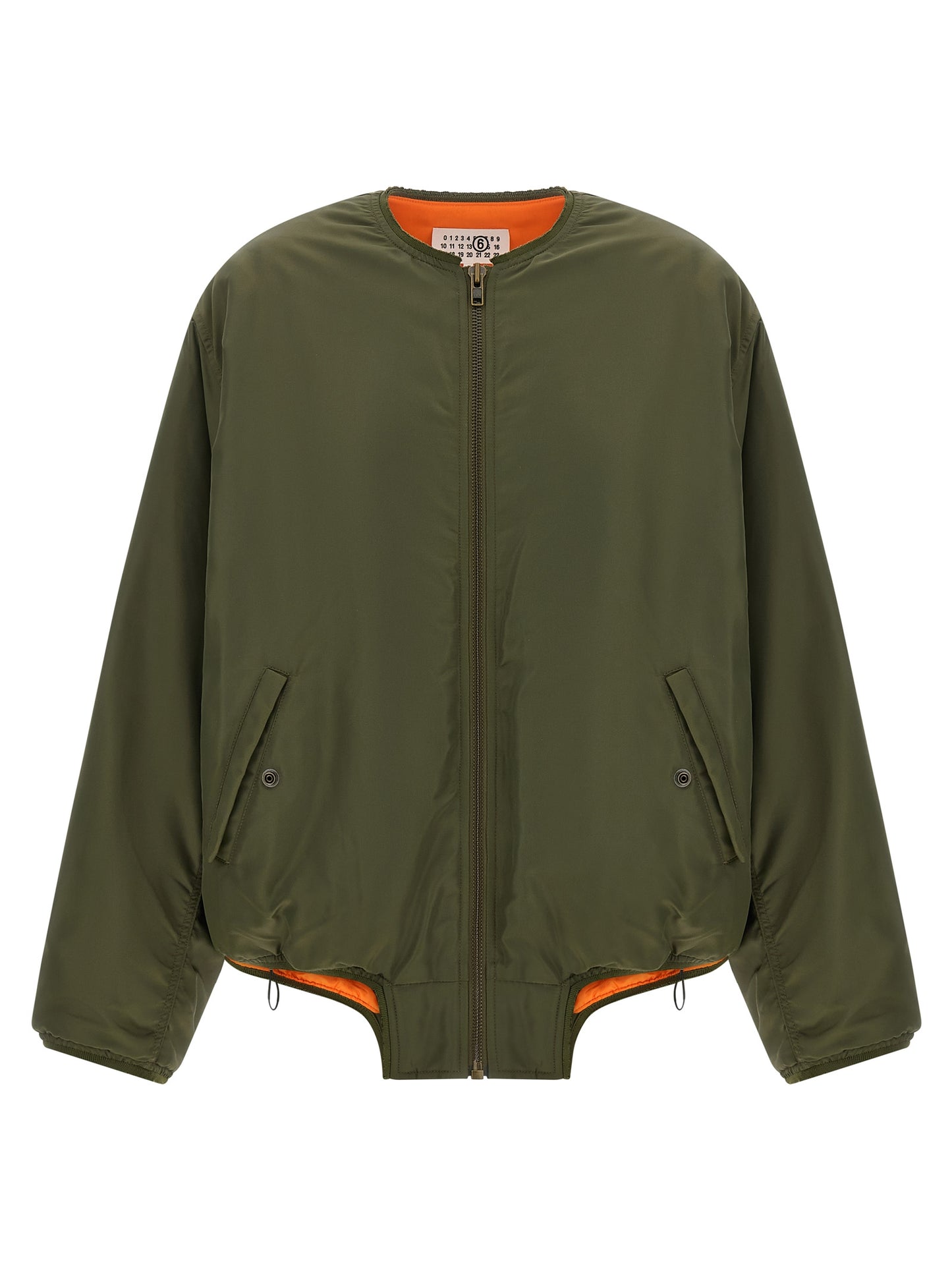 Bomber Jacket by MM6 Maison Margiela for women in polyamide bicolour, green, olive, orange, white & signature showcases a bohemian silhouette, artfully detailed with a bohemian and signature for a truly bohemian finish.