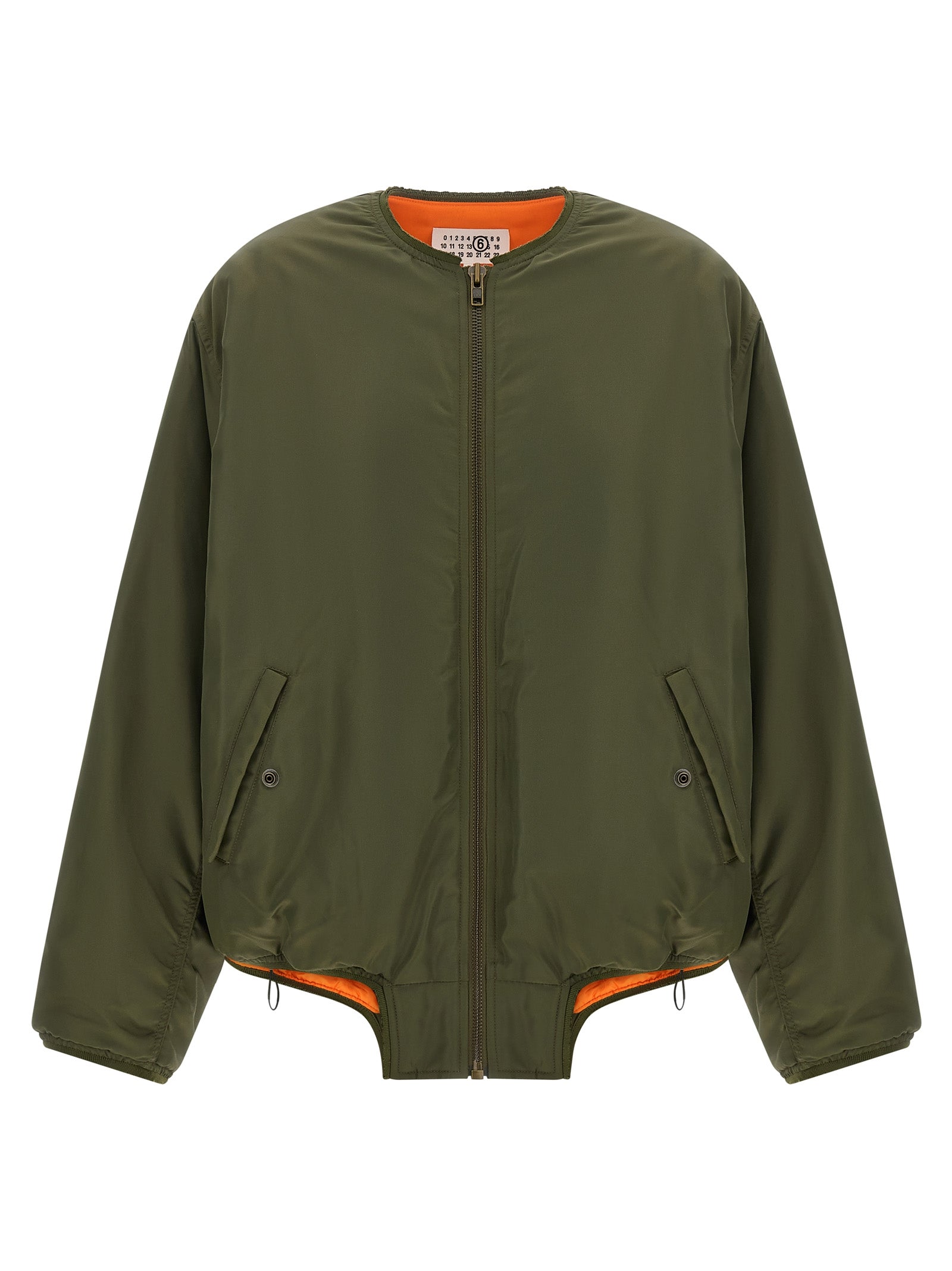 Bomber Jacket by MM6 Maison Margiela for women in polyamide bicolour, green, olive, orange, white & signature showcases a bohemian silhouette, artfully detailed with a bohemian and signature for a truly bohemian finish.