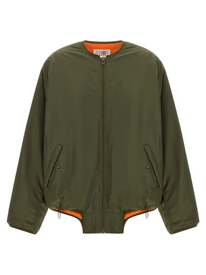Bomber Jacket by MM6 Maison Margiela for women in polyamide bicolour, green, olive, orange, white & signature showcases a bohemian silhouette, artfully detailed with a bohemian and signature for a truly bohemian finish.