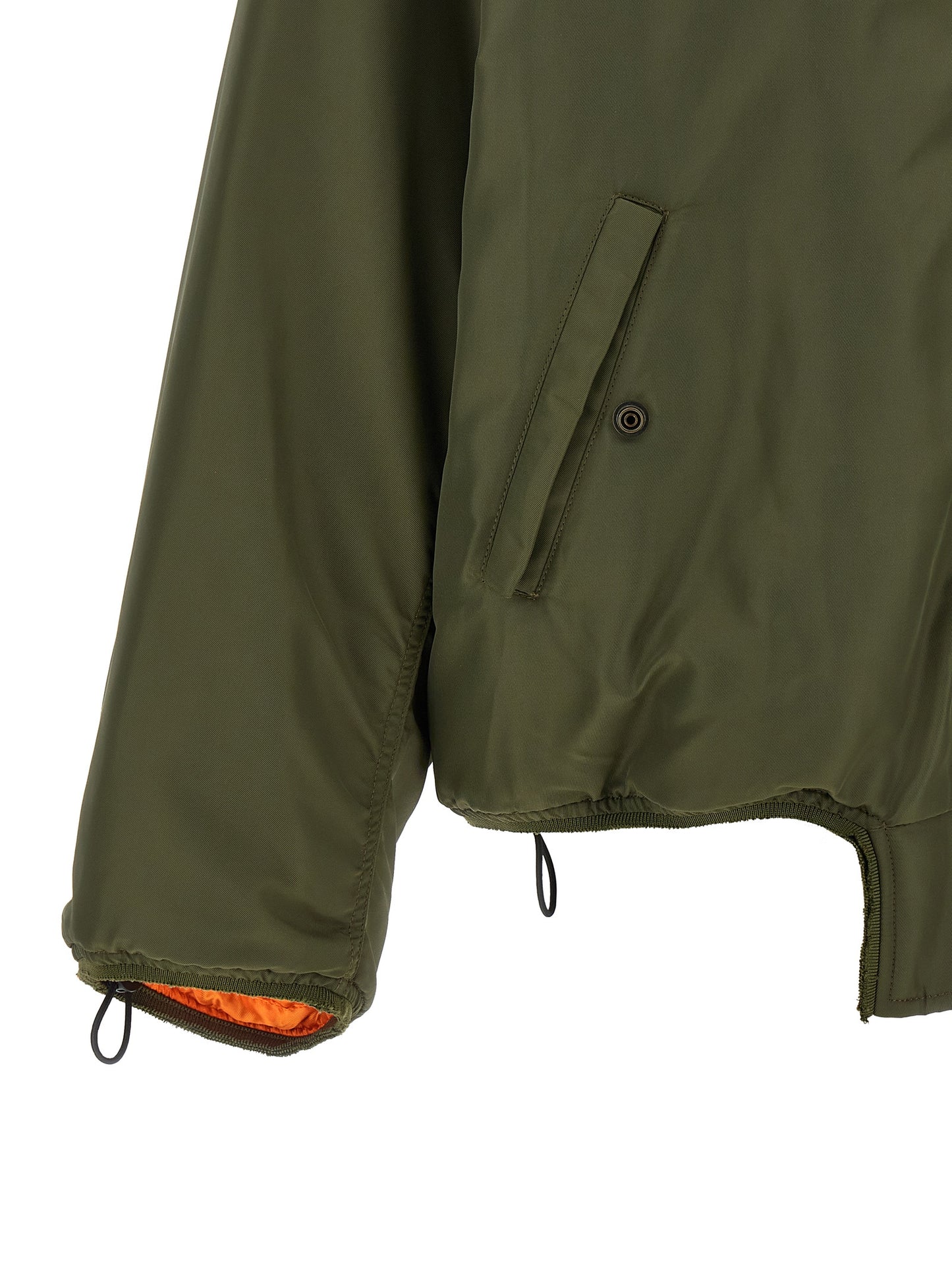This Bomber Jacket by MM6 Maison Margiela for women in polyamide bicolour, green, olive, orange, white & signature exhibits a edgy silhouette, meticulously detailed with functional and a edgy for a edgy finish.