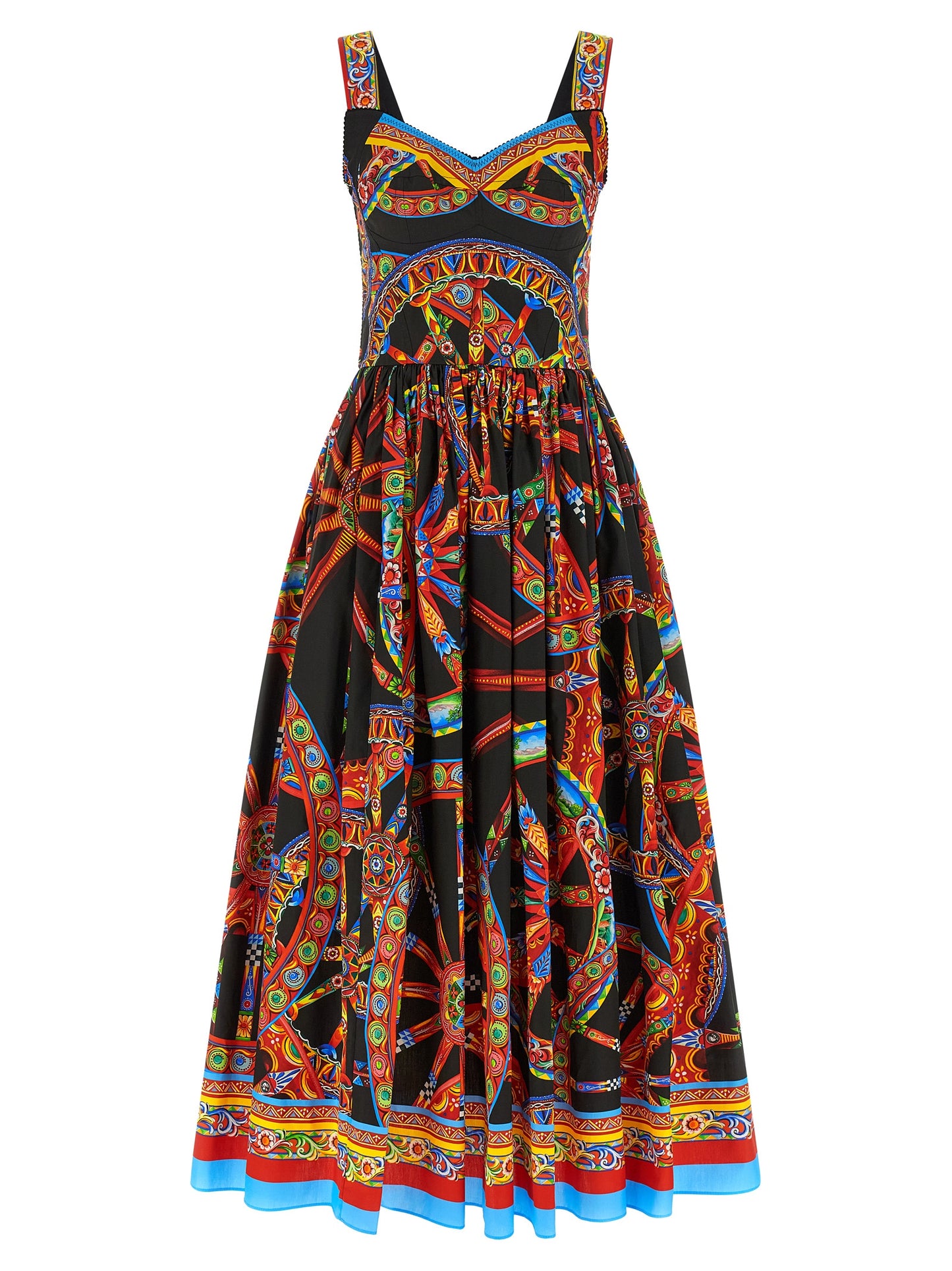 Dolce & Gabbana Women's Flared Smock Sweetheart Neck Cotton Long Dress - Black Multicolor Print