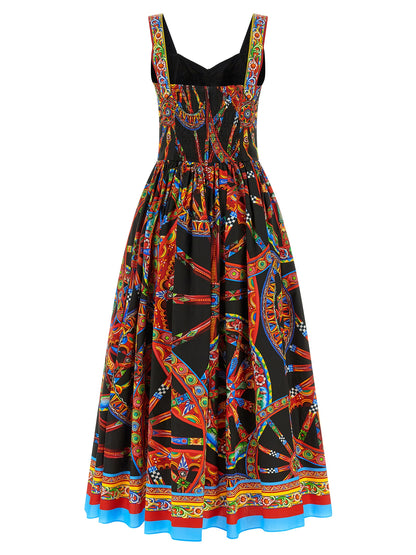 Dolce & Gabbana Women's Flared Smock Sweetheart Neck Cotton Long Dress - Black Multicolor Print