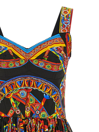 Dolce & Gabbana Women's Flared Smock Sweetheart Neck Cotton Long Dress - Black Multicolor Print