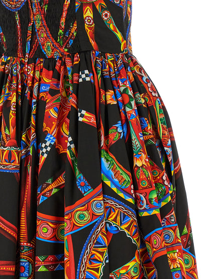 Dolce & Gabbana Women's Flared Smock Sweetheart Neck Cotton Long Dress - Black Multicolor Print