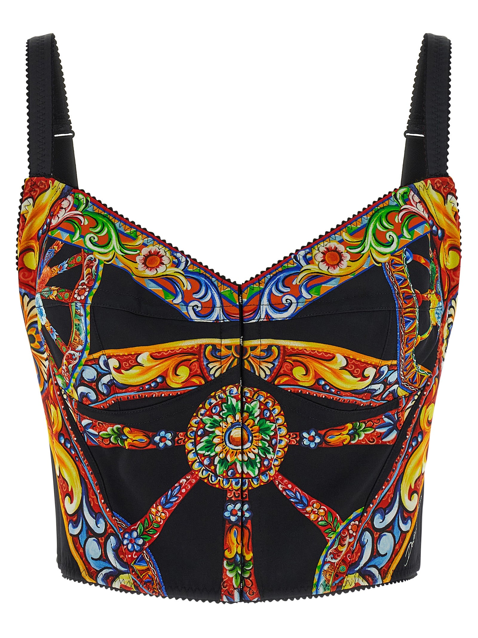 Corset Top by Dolce & Gabbana for women in polyamide & silk multicolor, patterned, signature & print showcases a sublime silhouette, with sleeveless and sweetheart neckline details for a sublime finish.