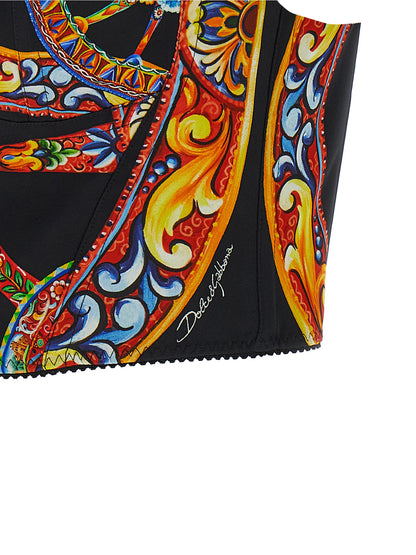 Corset Top by Dolce & Gabbana for women in polyamide & silk multicolor, patterned, signature & print showcases a streamlined Women's Wide Sweetheart Neck Polyamide & Silk Corset Top design with a streamlined and .