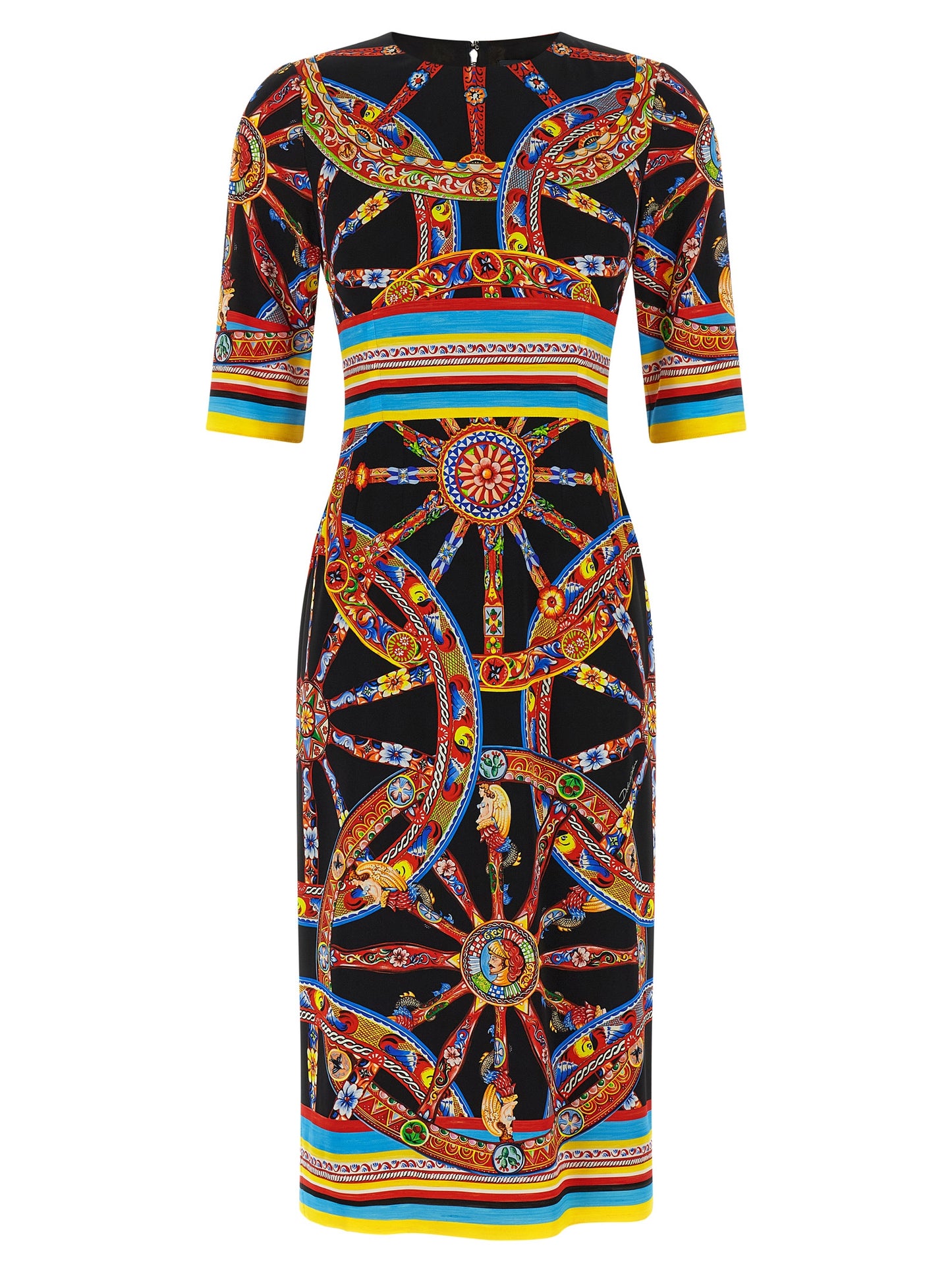 Dress by Dolce & Gabbana for women in silk black, multicolor, print & striped features an cute silhouette, detailed with a three-quarter-sleeve and round neckline that elegantly flows into a cute midi.