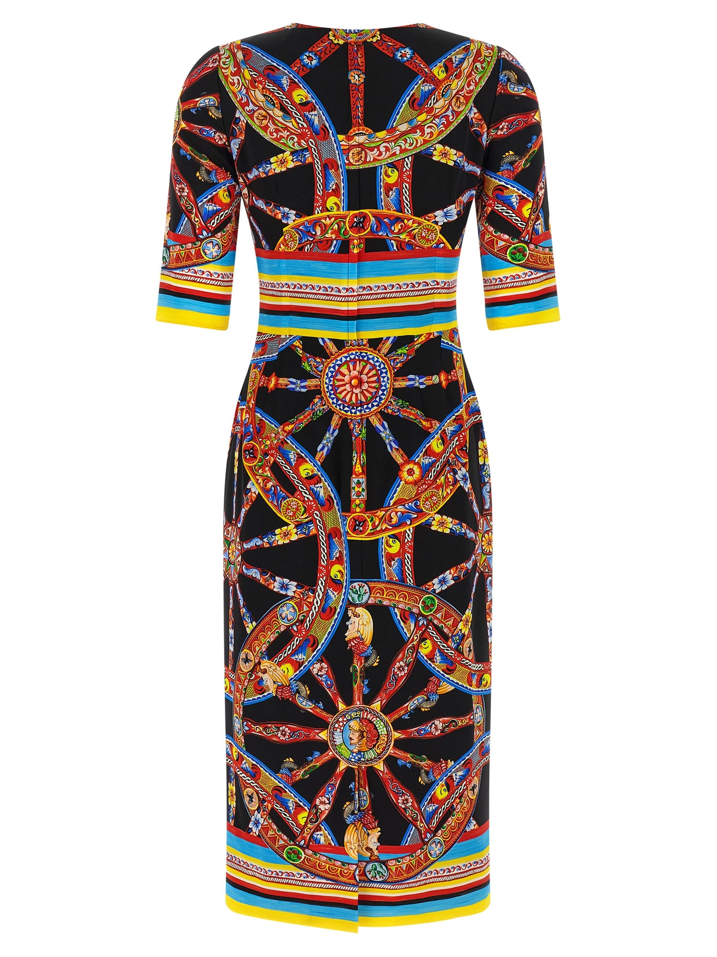 Dress by Dolce & Gabbana for women in silk black, multicolor, print & striped features a dramatic silhouette, showcasing an elegant round neckline and that flows into a dramatic midi.