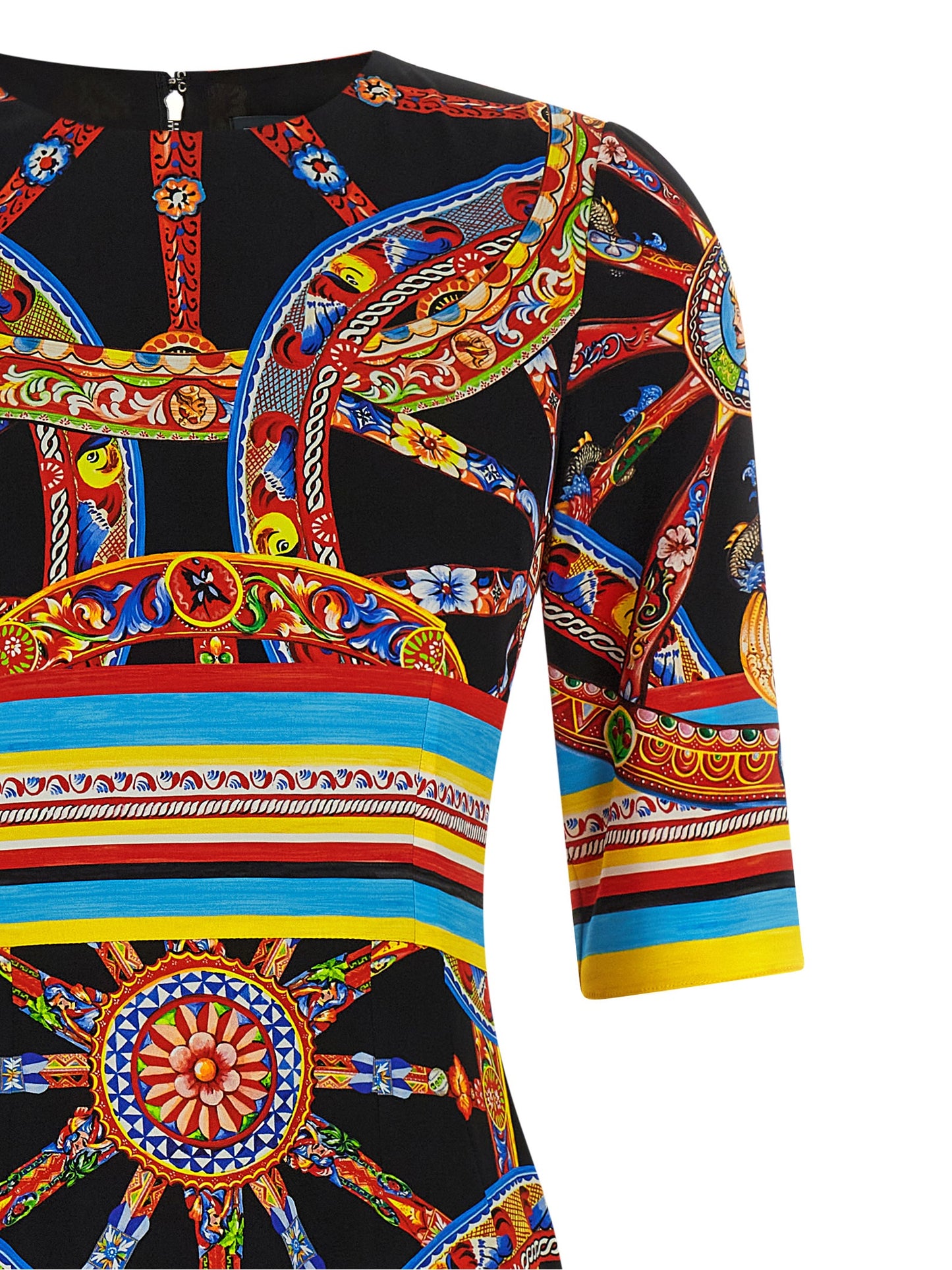 Dress by Dolce & Gabbana for women in silk black, multicolor, print & striped features an eye catching silhouette with a sophisticated round neckline, elegant , and a refined midi for a eye catching aesthetic.