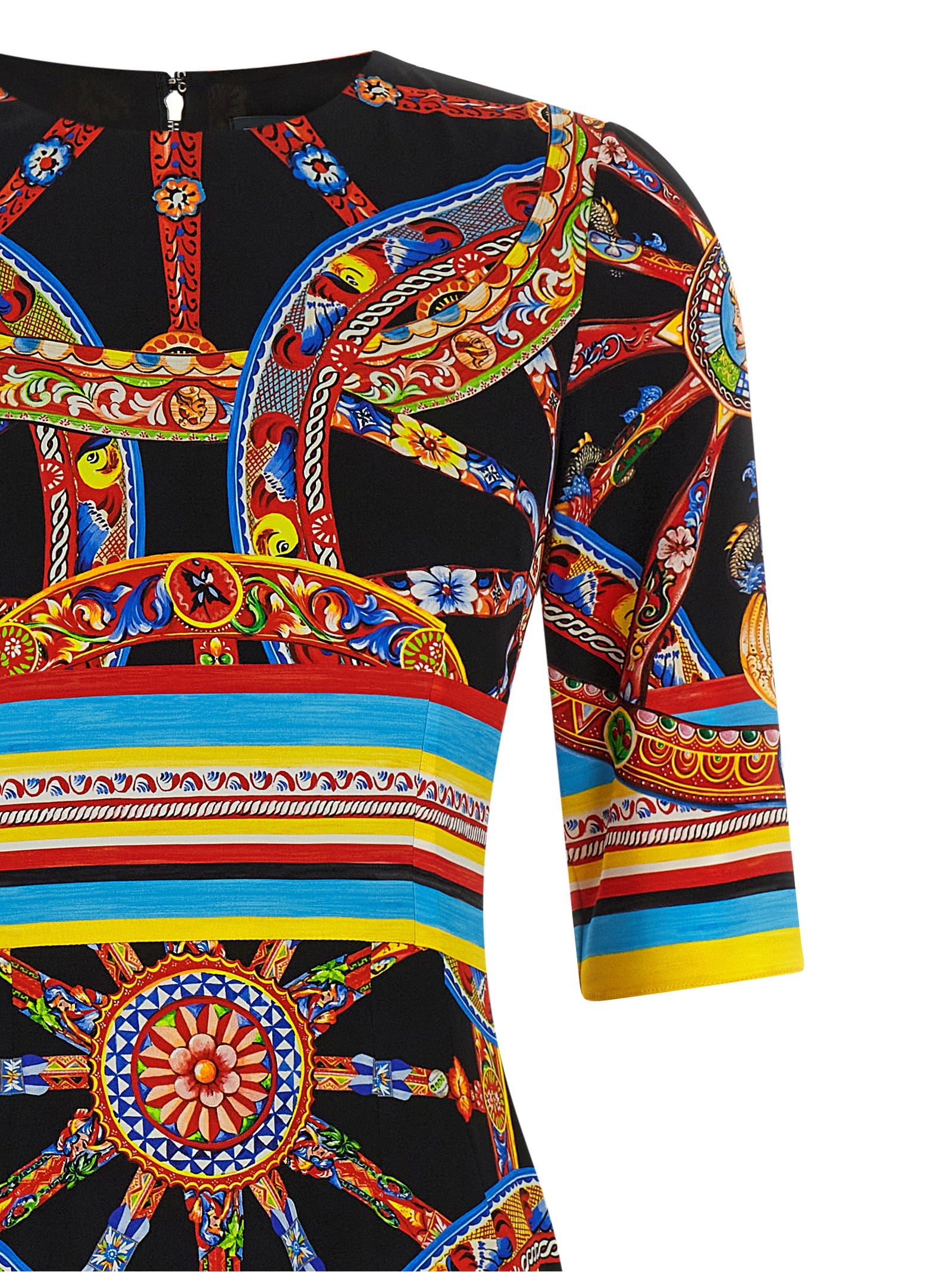 Dress by Dolce & Gabbana for women in silk black, multicolor, print & striped features an eye catching silhouette with a sophisticated round neckline, elegant , and a refined midi for a eye catching aesthetic.