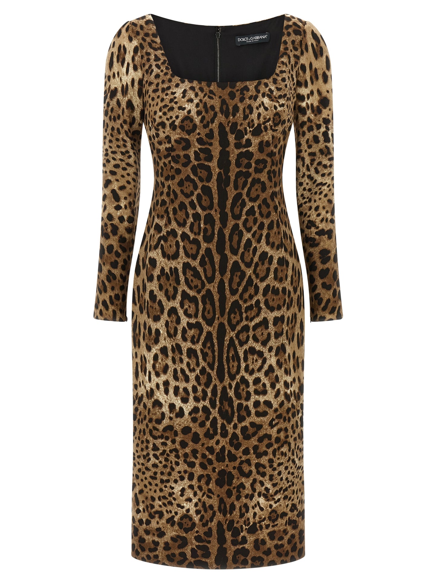 Dress by Dolce & Gabbana for women in stretch viscose animal, brown & print features an sultry silhouette defined by a square neckline and long-sleeve, falling to an sultry midi for a sultry look.