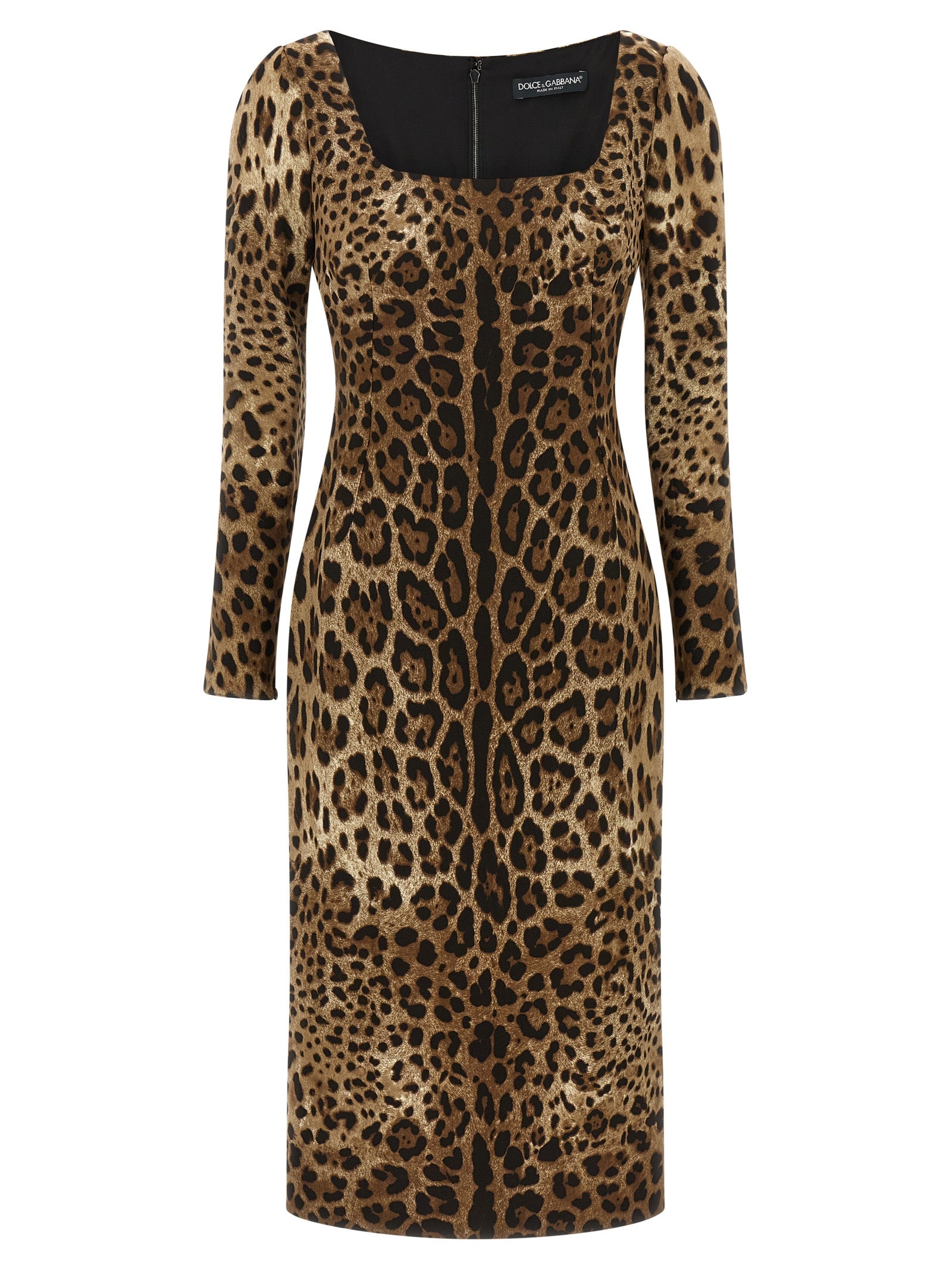 Dress by Dolce & Gabbana for women in stretch viscose animal, brown & print features an sultry silhouette defined by a square neckline and long-sleeve, falling to an sultry midi for a sultry look.