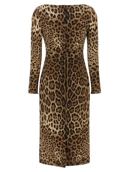 Dress by Dolce & Gabbana for women in stretch viscose animal, brown & print presents a sinuous silhouette, showcasing a sophisticated square neckline and detailed with a sinuous midi for a refined finish.
