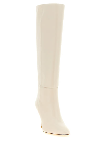 Stiletto Over-The-Knee Boots by Stuart Weitzman for women in lamb leather white features an avant-garde Madison Women's Lamb Leather Stiletto Over-The-Knee Boots silhouette, defined by a sophisticated stiletto and a avant-garde almond toe style.