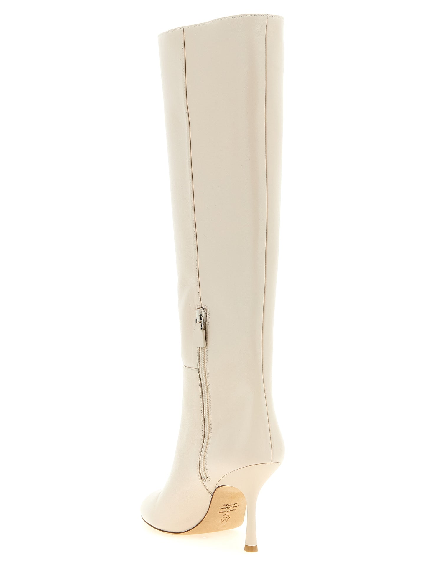 Stiletto Over-The-Knee Boots by Stuart Weitzman for women in lamb leather white showcases a impeccable silhouette as Madison Women's Lamb Leather Stiletto Over-The-Knee Boots, artfully defined by a impeccable stiletto and a impeccable almond toe style.