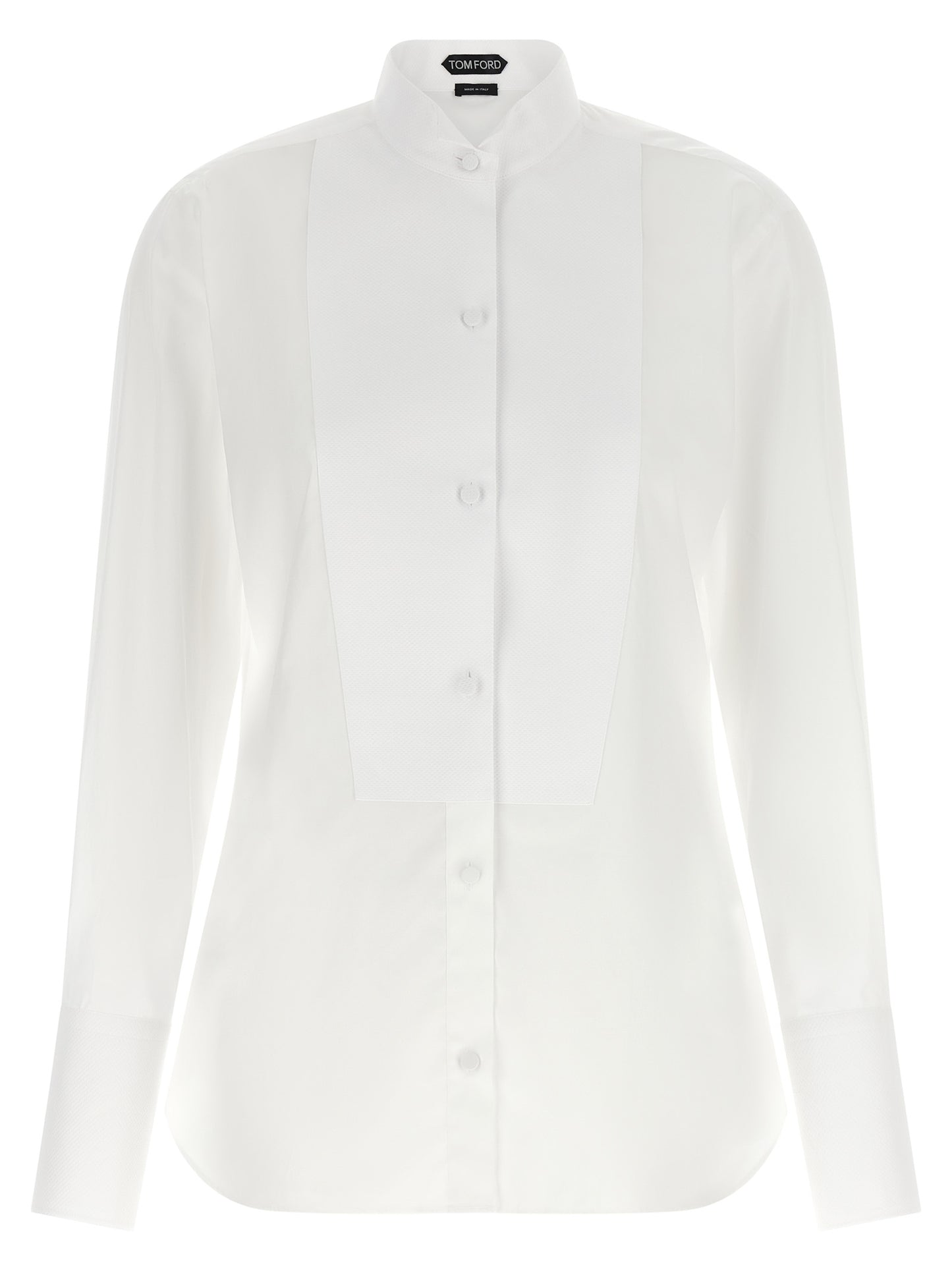 Blouse by Tom Ford for women in cotton white showcases a sharp silhouette, elegantly detailed with a sharp and sharp .